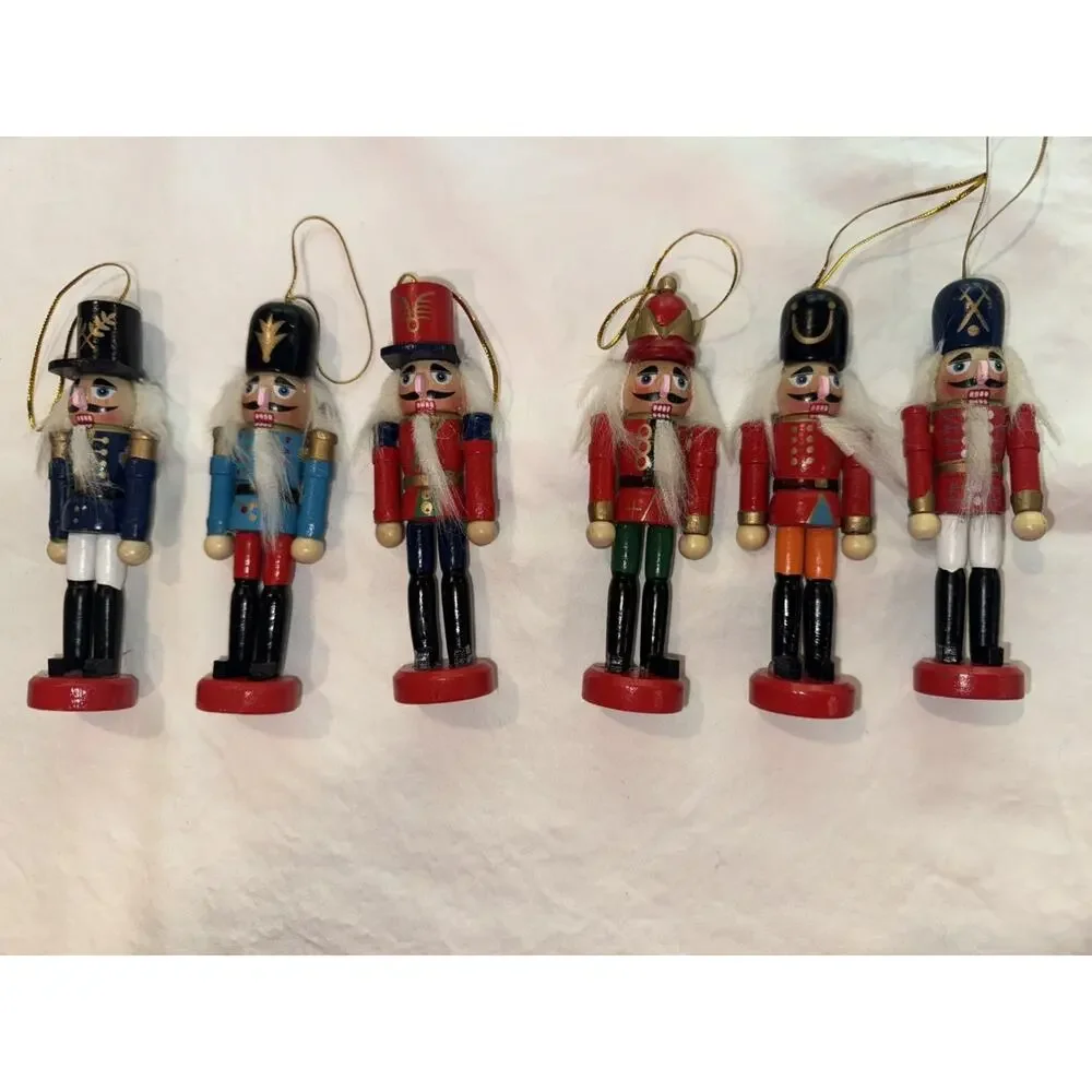 6 Miniature VTG Traditional Wooden Nutcracker Hanging Christmas Tree Ornaments